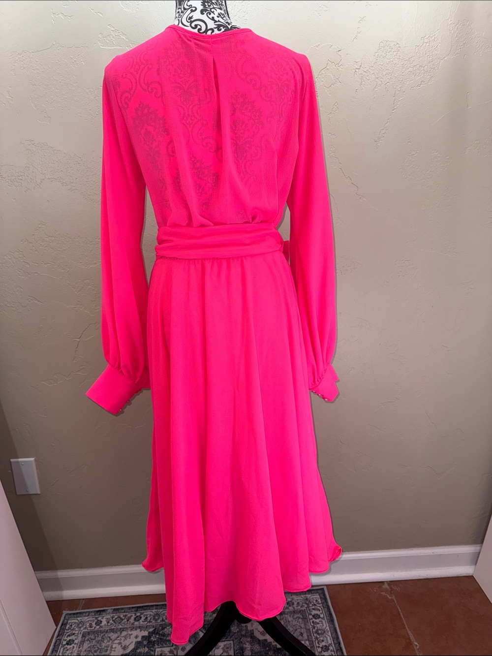 MEGHAN LA Lilypad Midi Wrap Dress Hot Fluorescent‎ Highlighter Neon Pink Size L - Picture 4 of 14